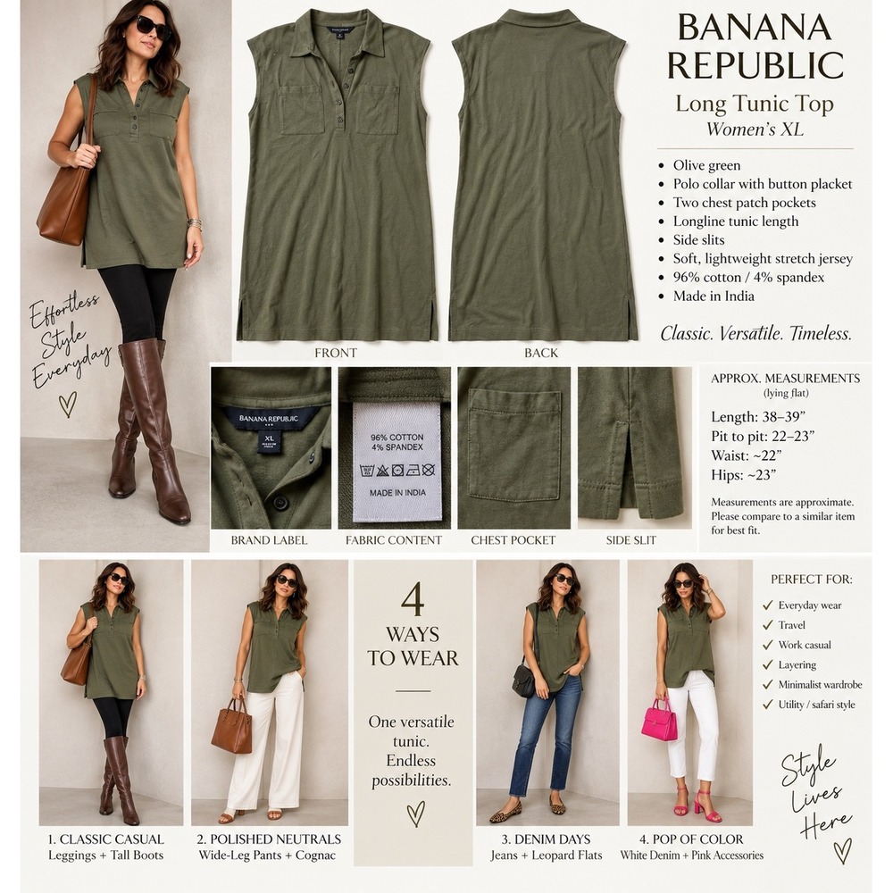 Banana Republic Womens XL Olive Green Long Tunic Top Utility Polo Sleeveless